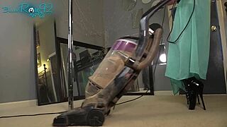 Bold housewife milf vacuums in hobble boots and heels