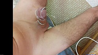 Bound monster cock pulses to handsfree estim orgasm explosion