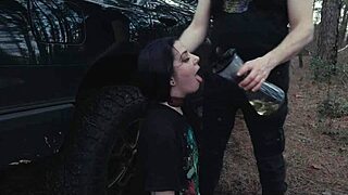submissive teen licks ass, gulps piss at picnic, then chokes on rough face fuck