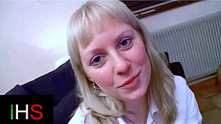 Blue-Eyed Blonde Milf's Shaved Ass Pounded with Belly Cumshot