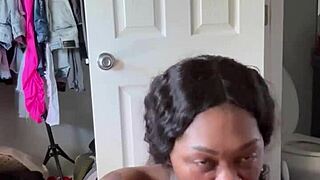 Pretty ebony slurps sloppy BBC balls to start day right 💦👅