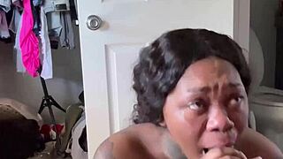 Pretty ebony slurps sloppy BBC balls to start day right 💦👅