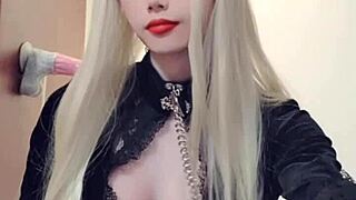 Pretty shemale in high heels and fishnets strokes massive cock during sex