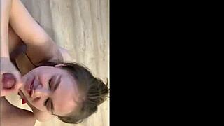 brunette teen gulps down throbbing cock cum homemade pov