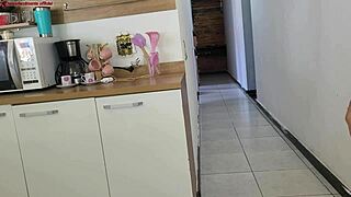 Risky sex while husband showers, fucked friend's monster cock moaning almost caught.