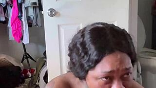 Pretty ebony slurps sloppy BBC balls to start day right 💦👅