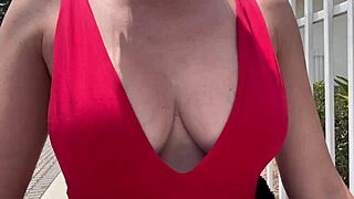 big boobed italian milf struts horny tits outdoors in public