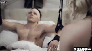 dirty blonde stepmom milf strokes and sucks stepson's throbbing monster cock hard