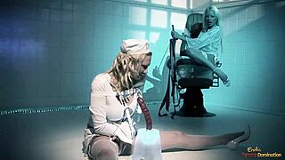 blonde milf rides doctor's huge cock while watching crazy patient get double teamed