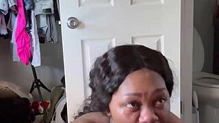 Pretty ebony slurps sloppy BBC balls to start day right 💦👅