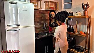 amiga's visit turns into steamy bisexual menage curly brunette takes control