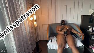 ebony bbw shemale with 70-inch fat ass jerks monster cock in latex hood