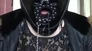 Bisexual Crossdresser Gags on Homemade Dildo Masked