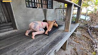 Punheteiro scores bisexual creampie watching lingerie sluts fuck outdoors in forest