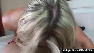 blonde cougar vicky vette deepthroats then takes cumshot on big tits