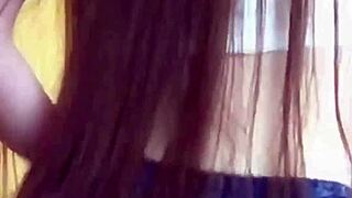TikTok hottie juliaveil dances in fishnets, miniskirt, teasing small tits and thong.