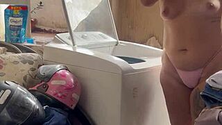 neighbor hides watching her wash clothes topless spreading wet pussy big ass outdoors carefree