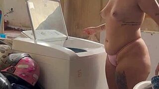 neighbor hides watching her wash clothes topless spreading wet pussy big ass outdoors carefree