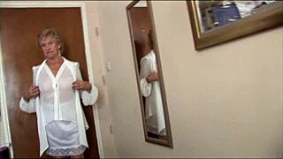 naughty granny teases upskirt flashes in see-through skirt