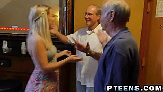 Blonde teen 18+ sucks rides two cocks in experienced group blowjob