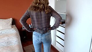 stepmom struts in jeans no panties flaunting her huge mature latina ass?