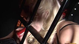 sexy blonde caged up endures wild group cock pounding from all sides