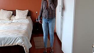 stepmom struts in jeans no panties flaunting her huge mature latina ass?
