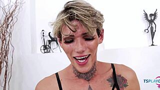 hey latina tgirl sabrina prezotte in red lingerie jerks her big cock for you??