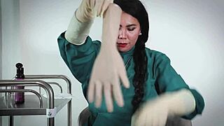 nurse slips on latex GLOVES for steamy hospital patient fetish play