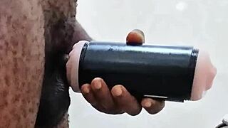 gf gone, stroking huge cock in bathroom solo fun.