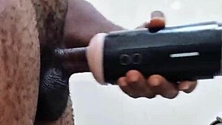 gf gone, stroking huge cock in bathroom solo fun.