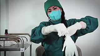 nurse slips on latex GLOVES for steamy hospital patient fetish play