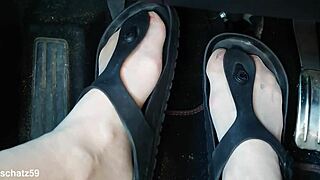 Ever wonder how a mature german milf's nylon toes pump cock in birkenstocks close-up from the car?
