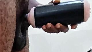 gf gone, stroking huge cock in bathroom solo fun.