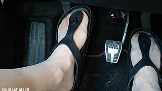 Ever wonder how a mature german milf's nylon toes pump cock in birkenstocks close-up from the car?
