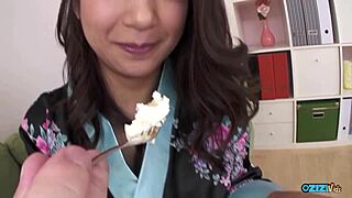 Big Tits Asian's Hairy Clit Deepthroats Cock After Cake Tease