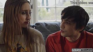 Petite teen blows old man's monster cock for cash in taboo group