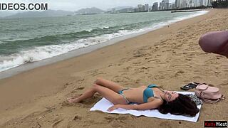 hey hottie on beach flashes tits bra lets me jerk huge cock cum all over public
