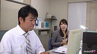 japanese office secretary seduces coworker sucks his cock and swallows cum at work in uncensored jav
