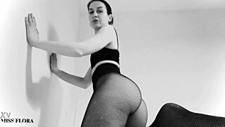 Petite German brunette's fishnet ass and feet tease you hard