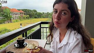 skinny teen eats cum pizza at public cafe pov facial