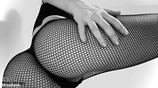 Petite German brunette's fishnet ass and feet tease you hard
