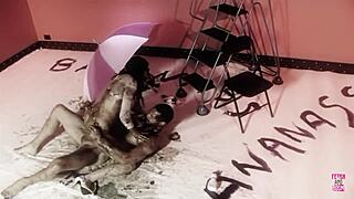 a naughty brunette licks oiled pussy then fucks doggystyle cowgirl missionary heels