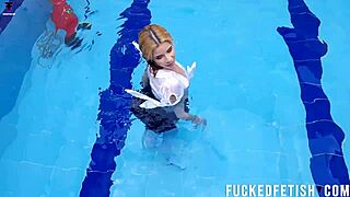 Ashlee Rose struts her sexy skinny wetlook by the pool.