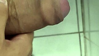 Close-up old cuckold husband strokes tasty solo handjob in bathroom