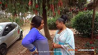 her heart races as african milf lesbians kiss wildly at the house party outdoors