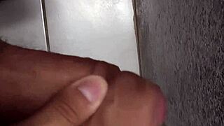 Close-up old cuckold husband strokes tasty solo handjob in bathroom