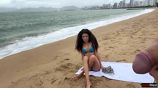 hey hottie on beach flashes tits bra lets me jerk huge cock cum all over public