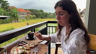 skinny teen eats cum pizza at public cafe pov facial