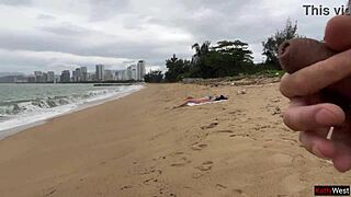 hey hottie on beach flashes tits bra lets me jerk huge cock cum all over public